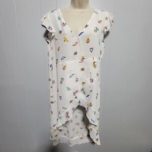 Adara Women White Novelty Print Flutter‎ Sleeve High Low Ruffle Mini Dress Large